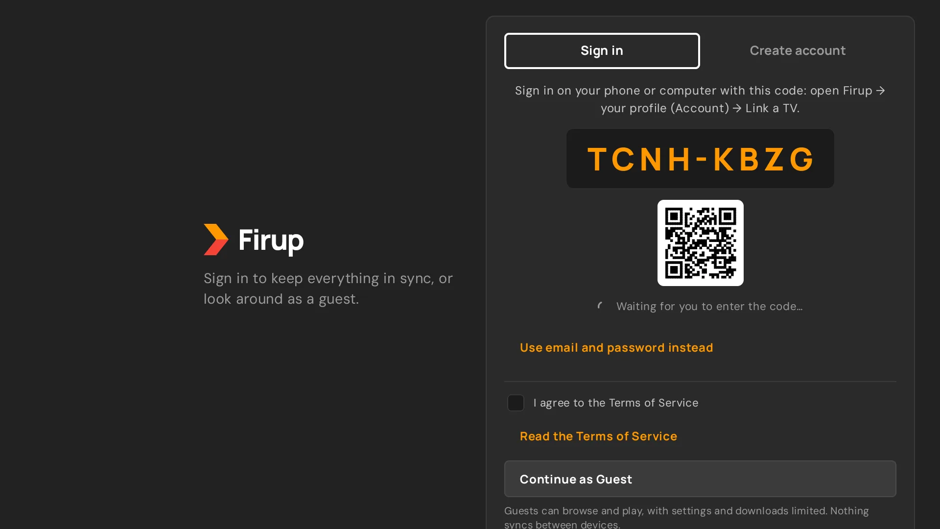 Firup on Android TV: QR sign-in