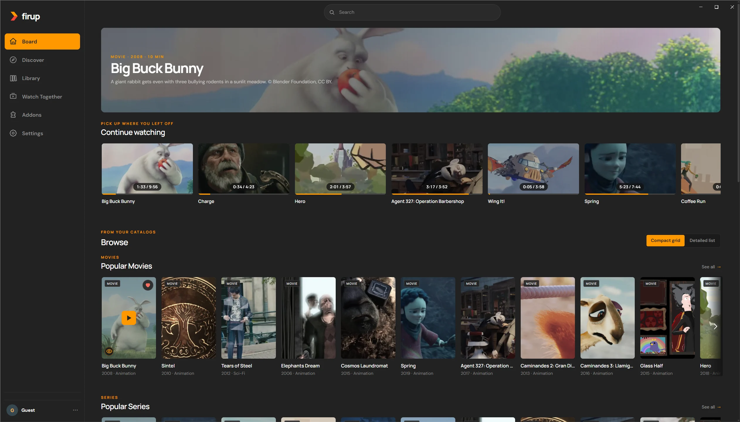 Firup on Windows: the Board featuring Big Buck Bunny, with Continue watching and a Popular Movies row of Blender open movies